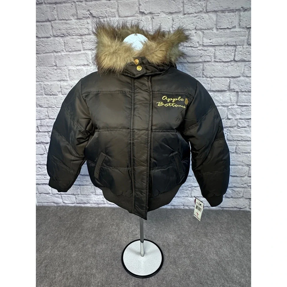 VTG‎ Apple Bottoms Puffer Jacket Black Fur Hood Zip Up Rhinestone Size L